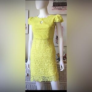 Red Valentino Cotton Lace Dress Cap Sleeves Sheer Back in neon yellow size M